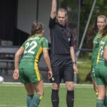23-05-2021: Sport: Twente vs ADO 
Anouk Boshuizen (ADO) krijgt geel Gerbert Stegeman referee (KNVB)
during the playoff vrouwen Eredivisie at stadium Diekman in Enschede